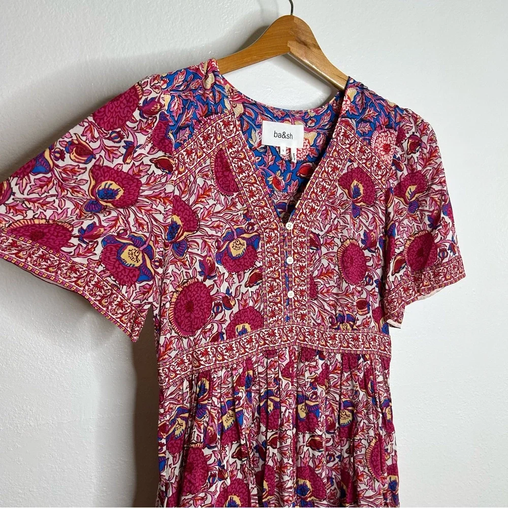Ba&sh Valia Floral Pink Multicolor Bright Printed Mini Dress Size Small - Picture 7 of 13